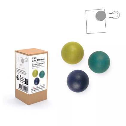 Pack de 3 petites boules magnétiques en bois - vert,bleu canard et bleu nuit